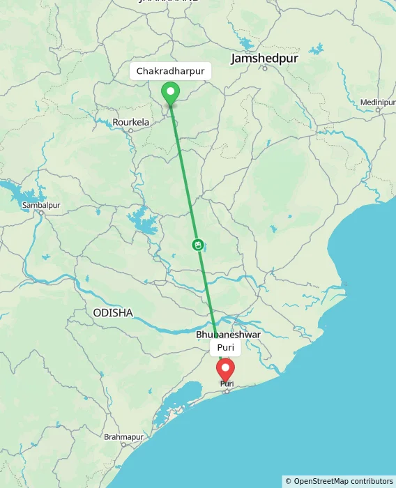 Route map showing distance and travel time from Chakradharpur, India to Puri, India