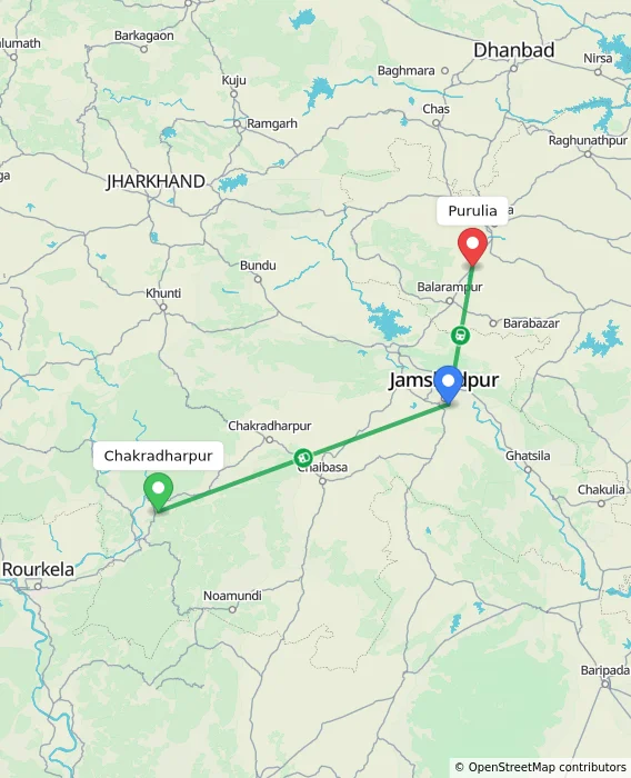 Route map showing distance and travel time from Chakradharpur, India to Purulia, India