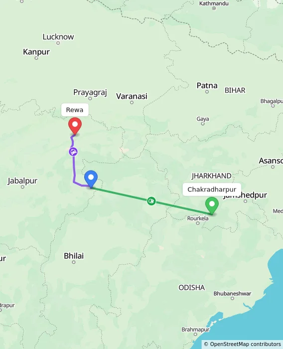 Route map showing distance and travel time from Chakradharpur, India to Rewa, India