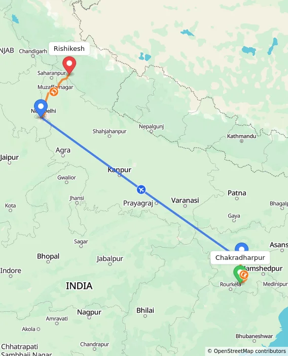Route map showing distance and travel time from Chakradharpur, India to Rishikesh, India