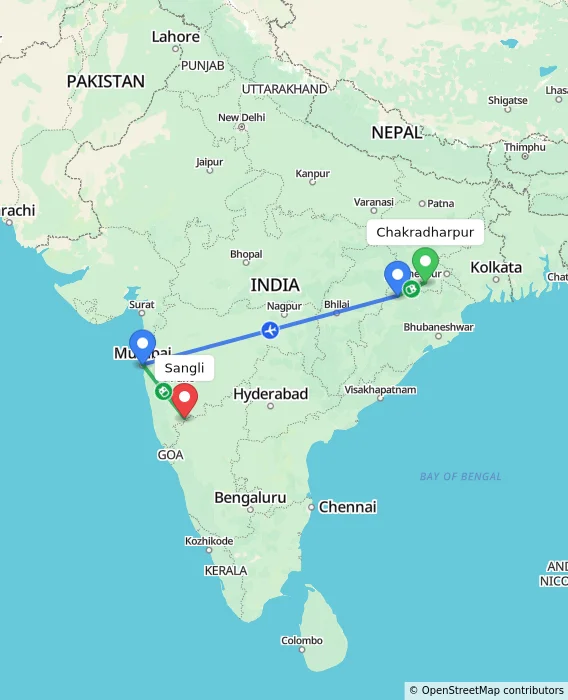 Route map showing distance and travel time from Chakradharpur, India to Sangli, India