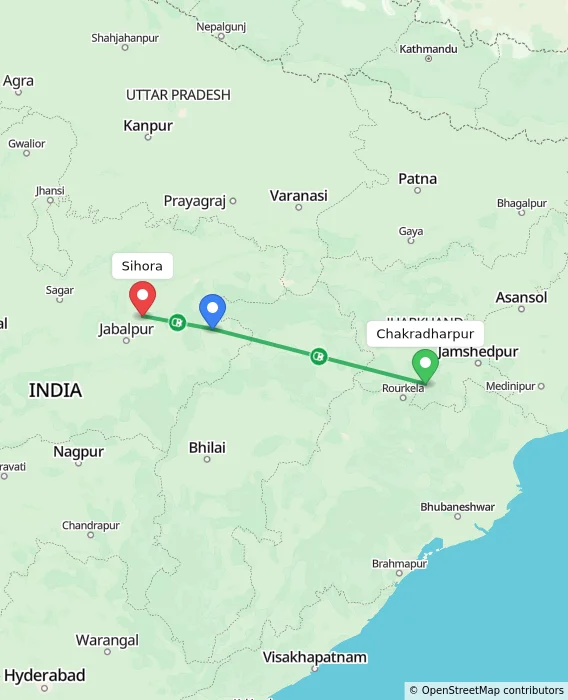 Route map showing distance and travel time from Chakradharpur, India to Sihora, India