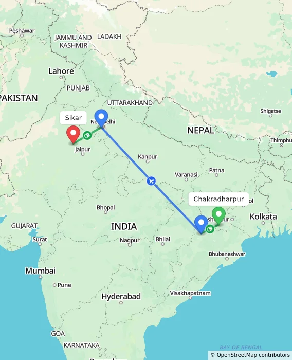 Route map showing distance and travel time from Chakradharpur, India to Sikar, India