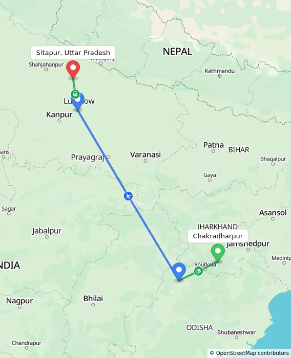 Route map showing distance and travel time from Chakradharpur, India to Sitapur, Uttar Pradesh, India