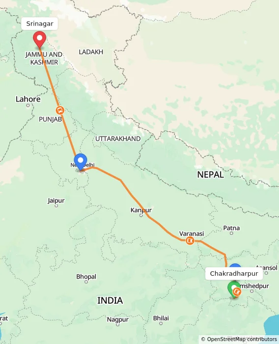Route map showing distance and travel time from Chakradharpur, India to Srinagar, India