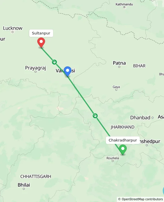 Route map showing distance and travel time from Chakradharpur, India to Sultanpur, India