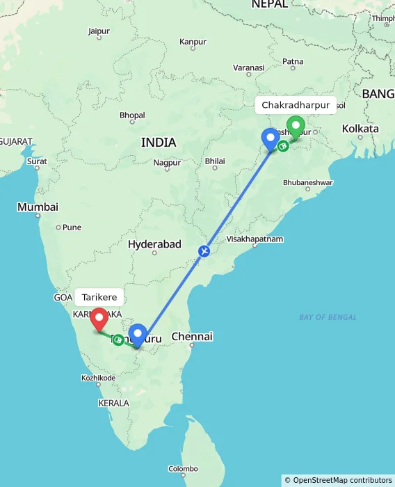Route map showing distance and travel time from Chakradharpur, India to Tarikere, India