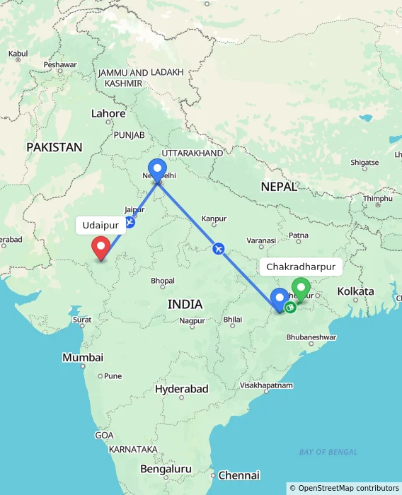 Route map showing distance and travel time from Chakradharpur, India to Udaipur, India