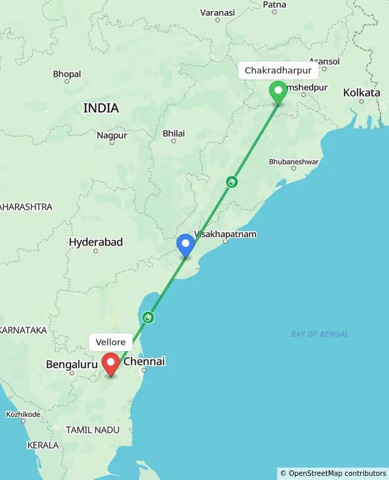 Route map showing distance and travel time from Chakradharpur, India to Vellore, India