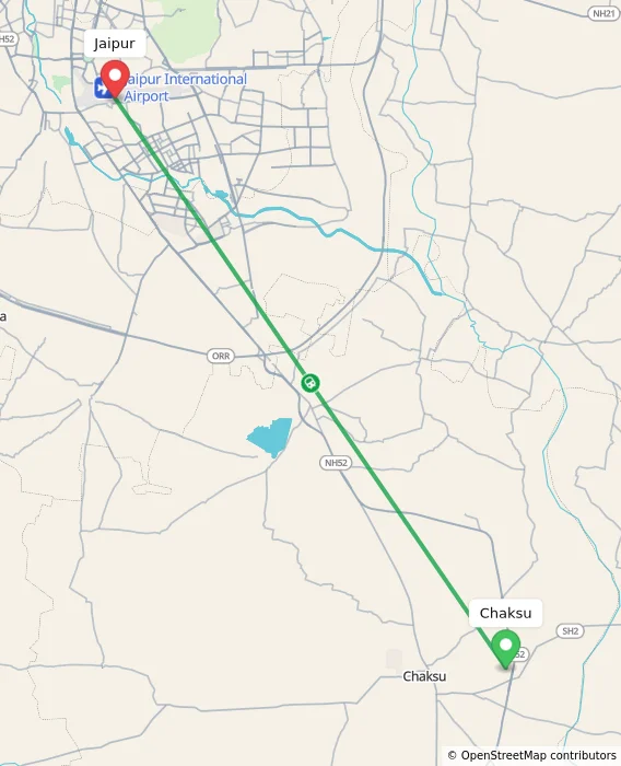 Route map showing distance and travel time from Chaksu, India to Jaipur, India