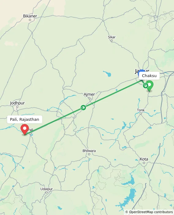 Route map showing distance and travel time from Chaksu, India to Pali, Rajasthan, India