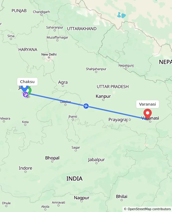 Route map showing distance and travel time from Chaksu, India to Varanasi, India