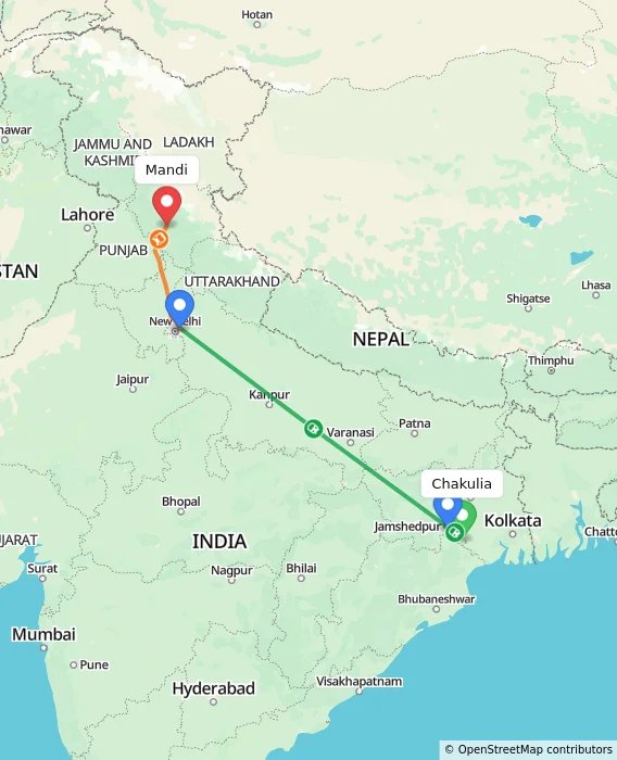 Route map showing distance and travel time from Chakulia, India to Mandi, India