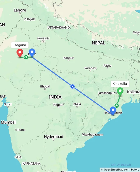 Route map showing distance and travel time from Chakulia, India to Degana, India