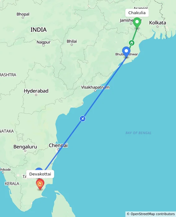 Route map showing distance and travel time from Chakulia, India to Devakottai, India