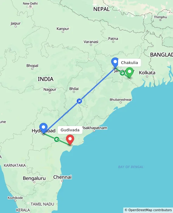 Route map showing distance and travel time from Chakulia, India to Gudivada, India