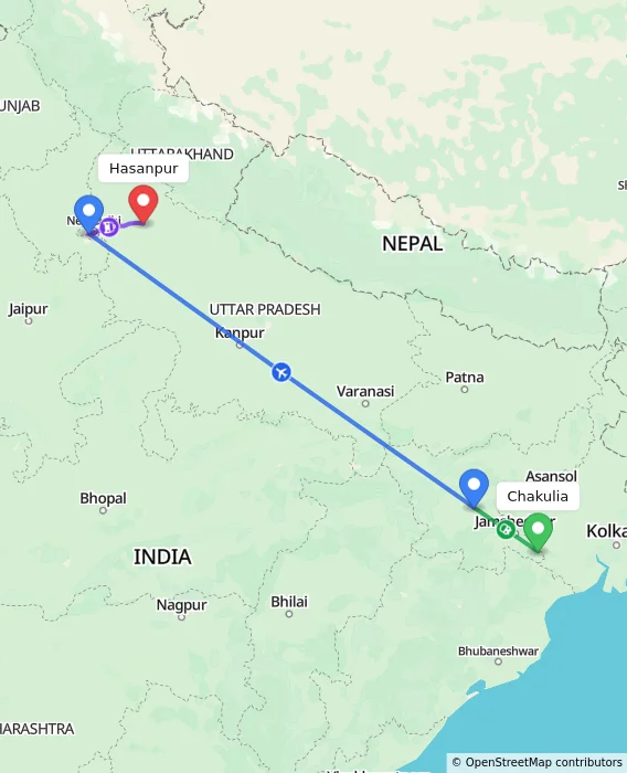 Route map showing distance and travel time from Chakulia, India to Hasanpur, India