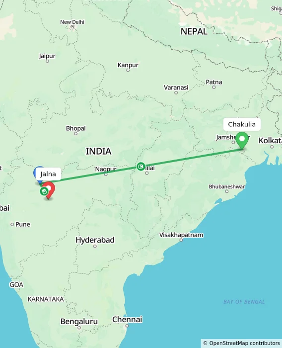 Route map showing distance and travel time from Chakulia, India to Jalna, India