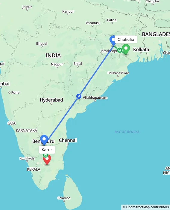 Route map showing distance and travel time from Chakulia, India to Karur, India