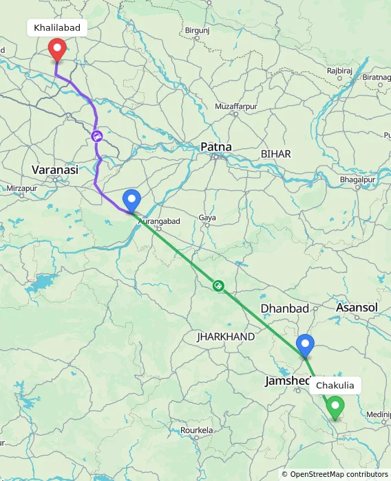 Route map showing distance and travel time from Chakulia, India to Khalilabad, India