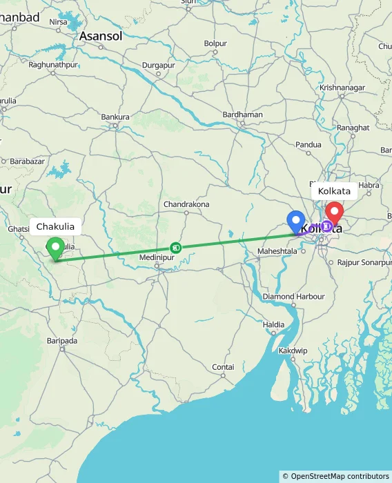 Route map showing distance and travel time from Chakulia, India to Kolkata, India
