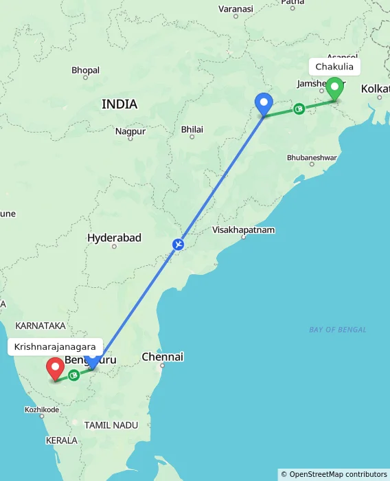 Route map showing distance and travel time from Chakulia, India to Krishnarajanagara, India