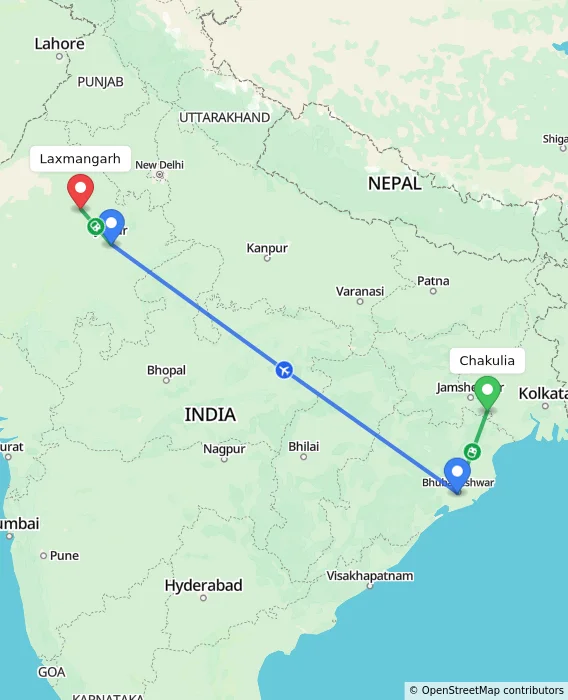 Route map showing distance and travel time from Chakulia, India to Laxmangarh, India