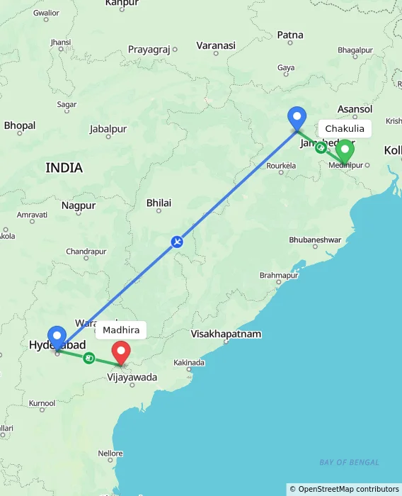 Route map showing distance and travel time from Chakulia, India to Madhira, India