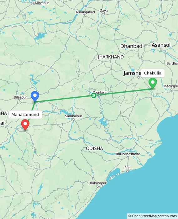 Route map showing distance and travel time from Chakulia, India to Mahasamund, India