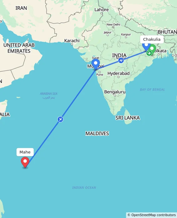 Route map showing distance and travel time from Chakulia, India to Mahe, Seychelles