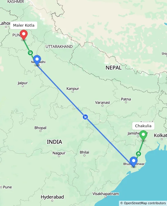 Route map showing distance and travel time from Chakulia, India to Maler Kotla, India