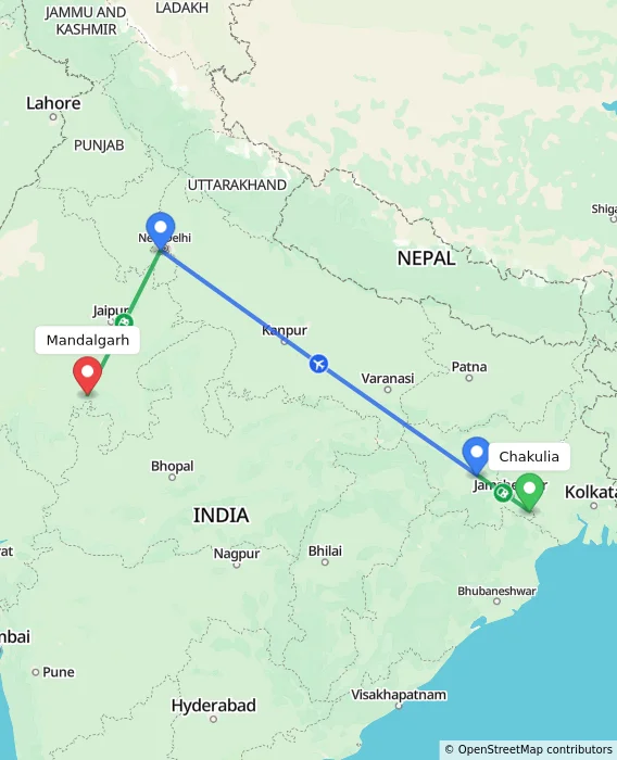 Route map showing distance and travel time from Chakulia, India to Mandalgarh, India