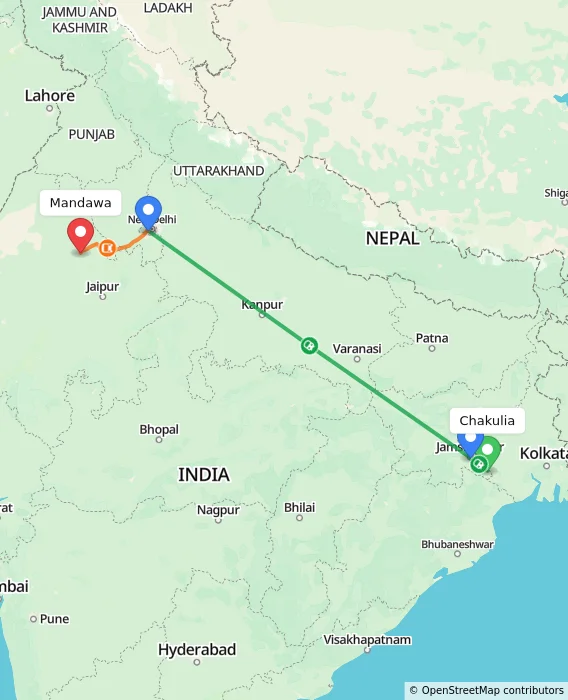 Route map showing distance and travel time from Chakulia, India to Mandawa, India