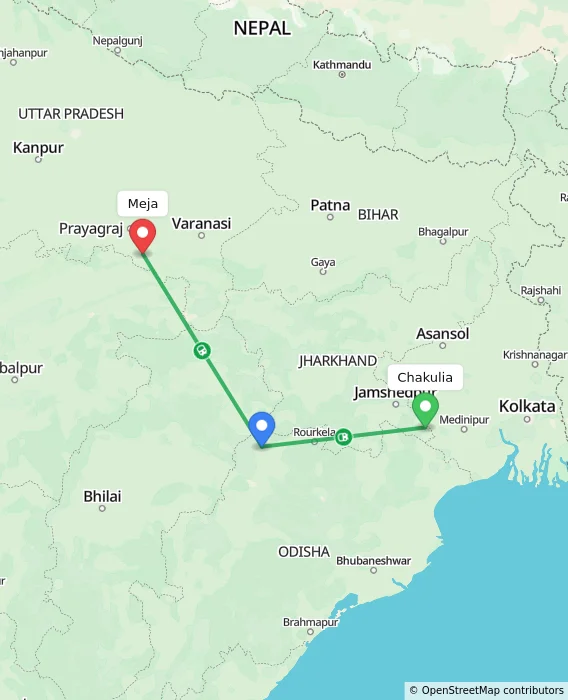 Route map showing distance and travel time from Chakulia, India to Meja, India