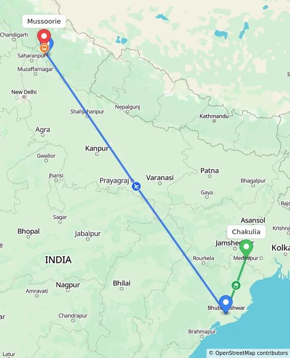 Route map showing distance and travel time from Chakulia, India to Mussoorie, India