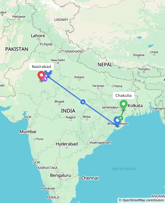 Route map showing distance and travel time from Chakulia, India to Nasirabad, India