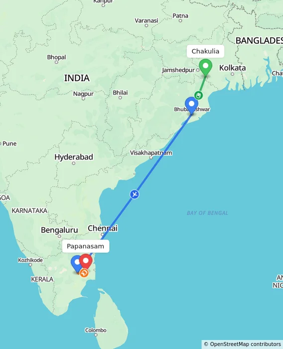 Route map showing distance and travel time from Chakulia, India to Papanasam, India