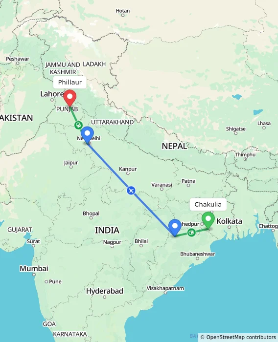 Route map showing distance and travel time from Chakulia, India to Phillaur, India