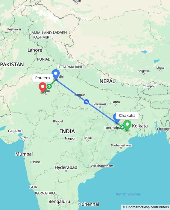 Route map showing distance and travel time from Chakulia, India to Phulera, India