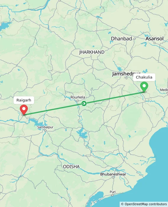 Route map showing distance and travel time from Chakulia, India to Raigarh, India