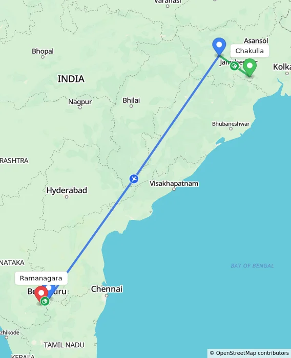 Route map showing distance and travel time from Chakulia, India to Ramanagara, India