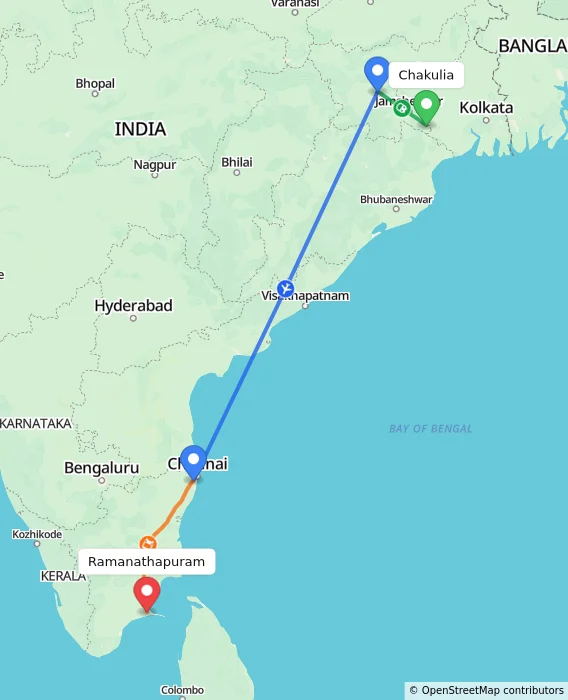 Route map showing distance and travel time from Chakulia, India to Ramanathapuram, India