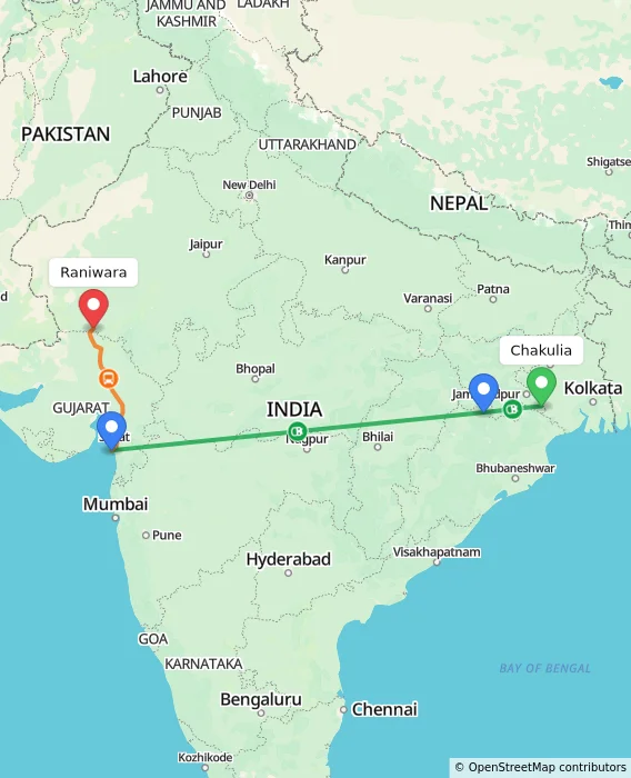 Route map showing distance and travel time from Chakulia, India to Raniwara, India