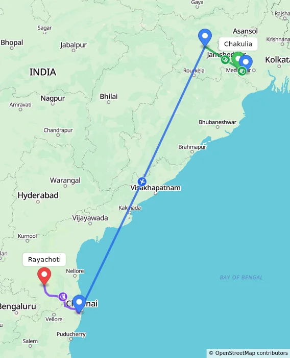 Route map showing distance and travel time from Chakulia, India to Rayachoti, India