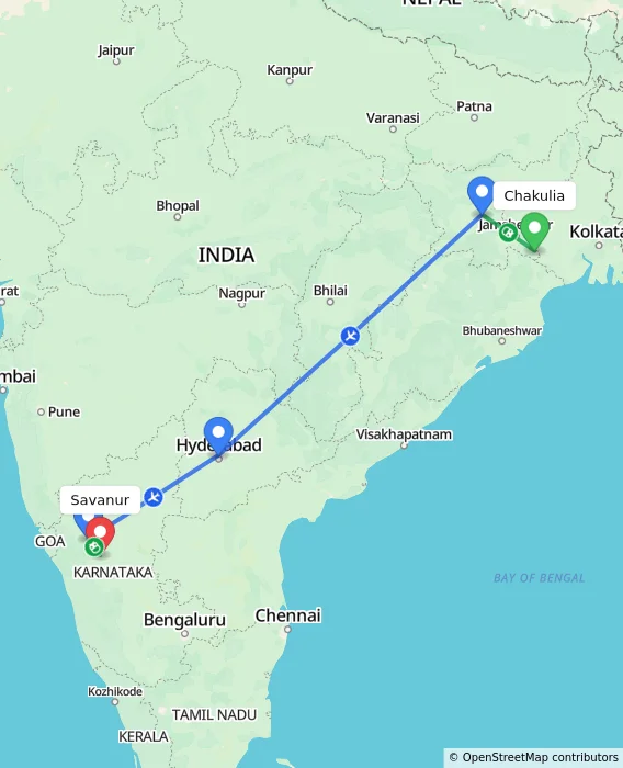 Route map showing distance and travel time from Chakulia, India to Savanur, India
