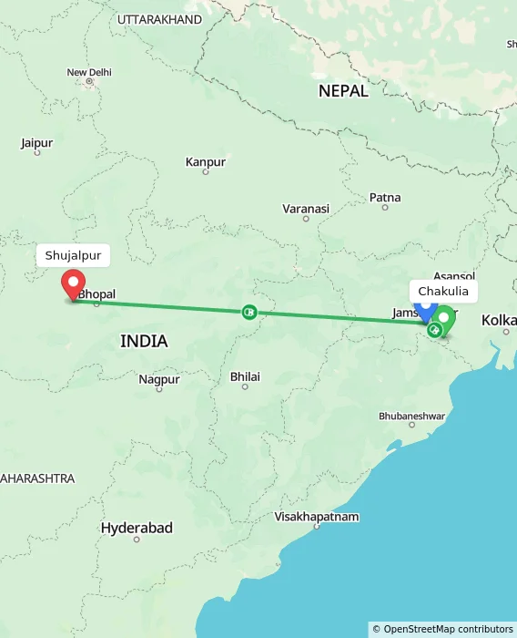 Route map showing distance and travel time from Chakulia, India to Shujalpur, India