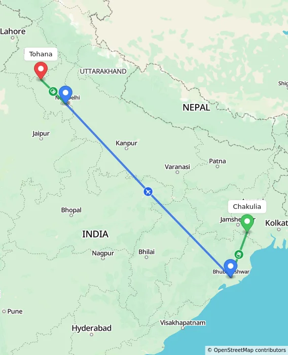 Route map showing distance and travel time from Chakulia, India to Tohana, India
