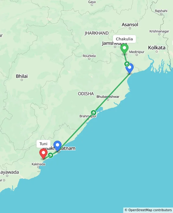 Route map showing distance and travel time from Chakulia, India to Tuni, India