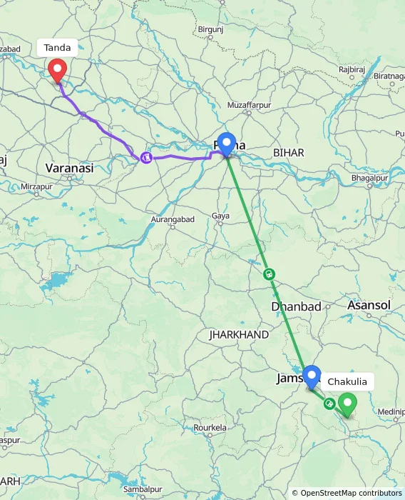 Route map showing distance and travel time from Chakulia, India to Tanda, India