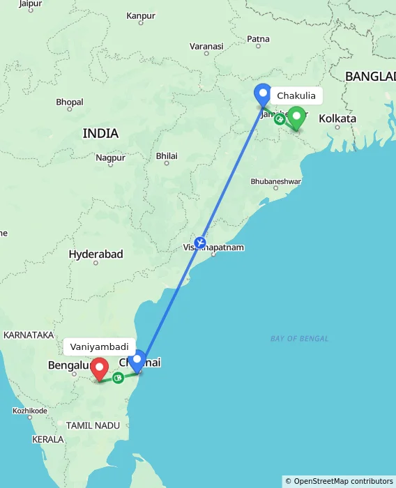 Route map showing distance and travel time from Chakulia, India to Vaniyambadi, India